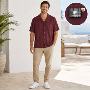Positano Men XL Vintage Y2K Burgundy Textured Vertical‎ Stripe Camp Collar Shirt